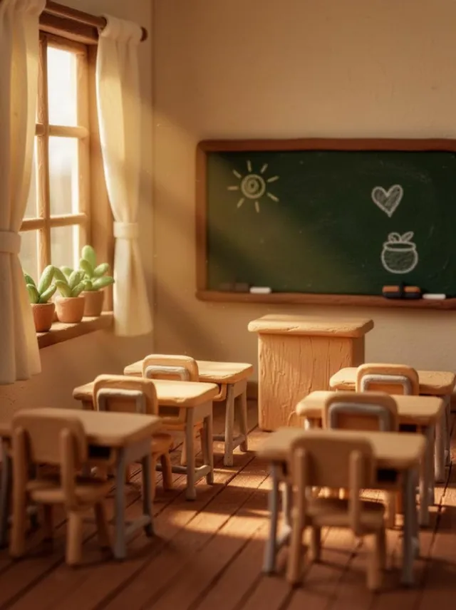An empty clay classroom after the bell, warm afternoon sun across the desks